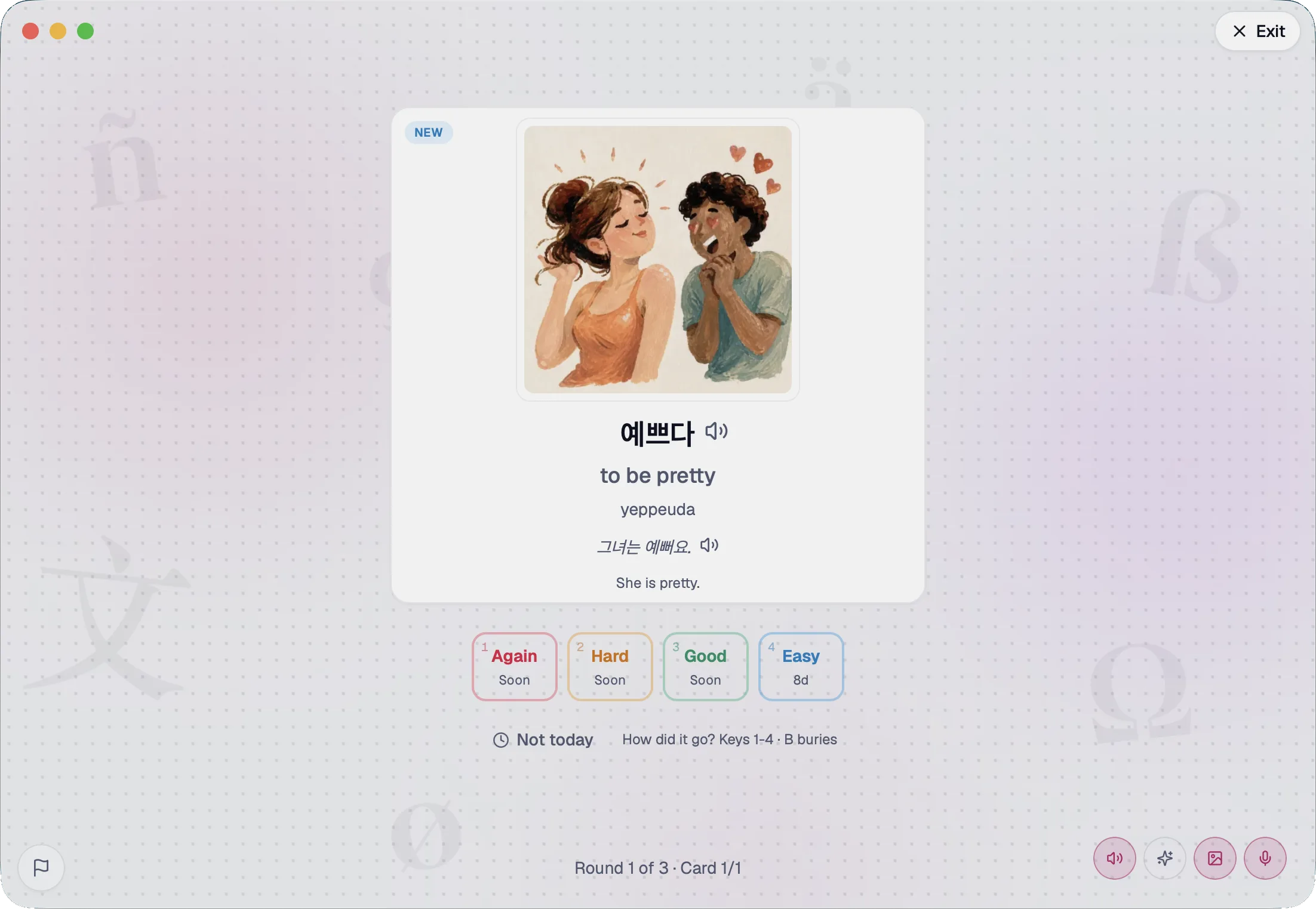 A flashcard mid-session: an illustration above the Korean word 예쁘다, with its meaning, its romanization, and the example sentence it came from, and the four grades below.